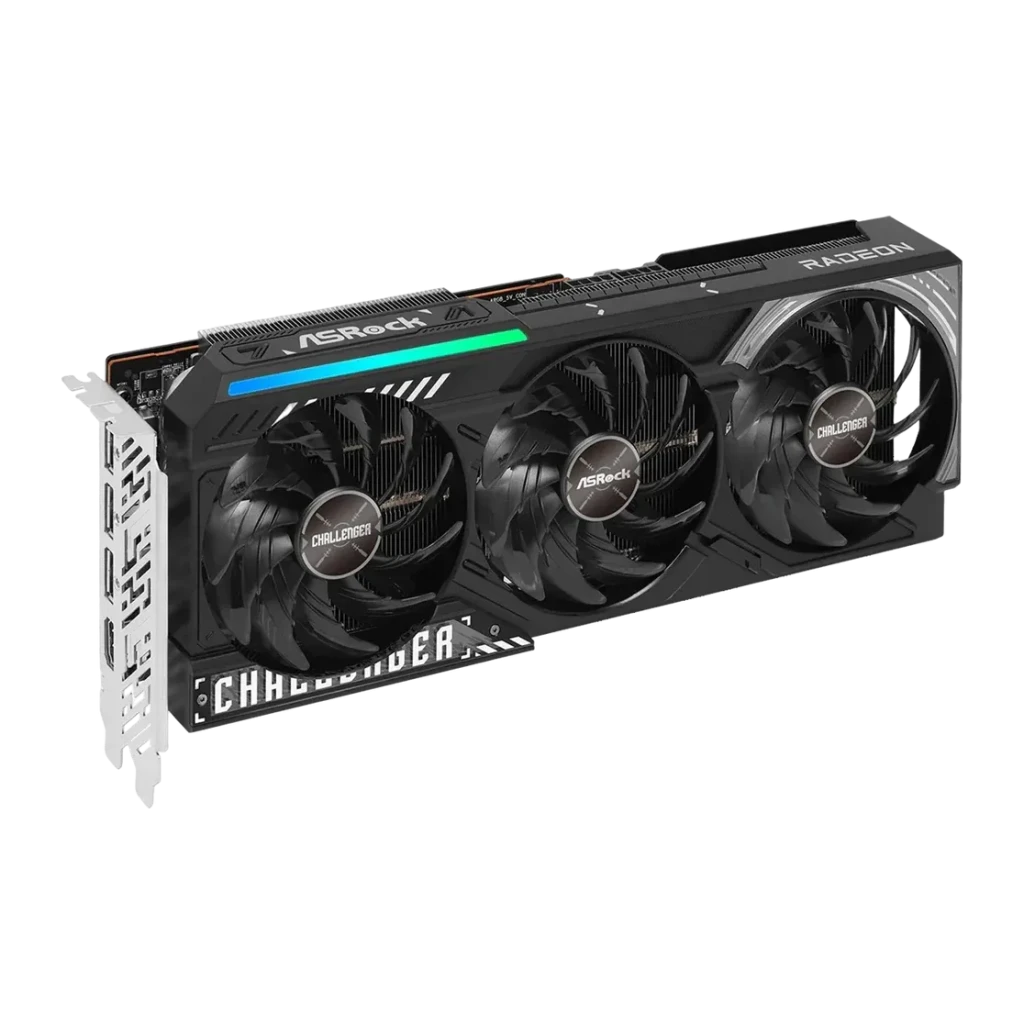 ASRock Radeon RX 9070 Challenger 16 Go GDDR6, vue de face: triple ventilateur, bandeau RGB et inscription Challenger