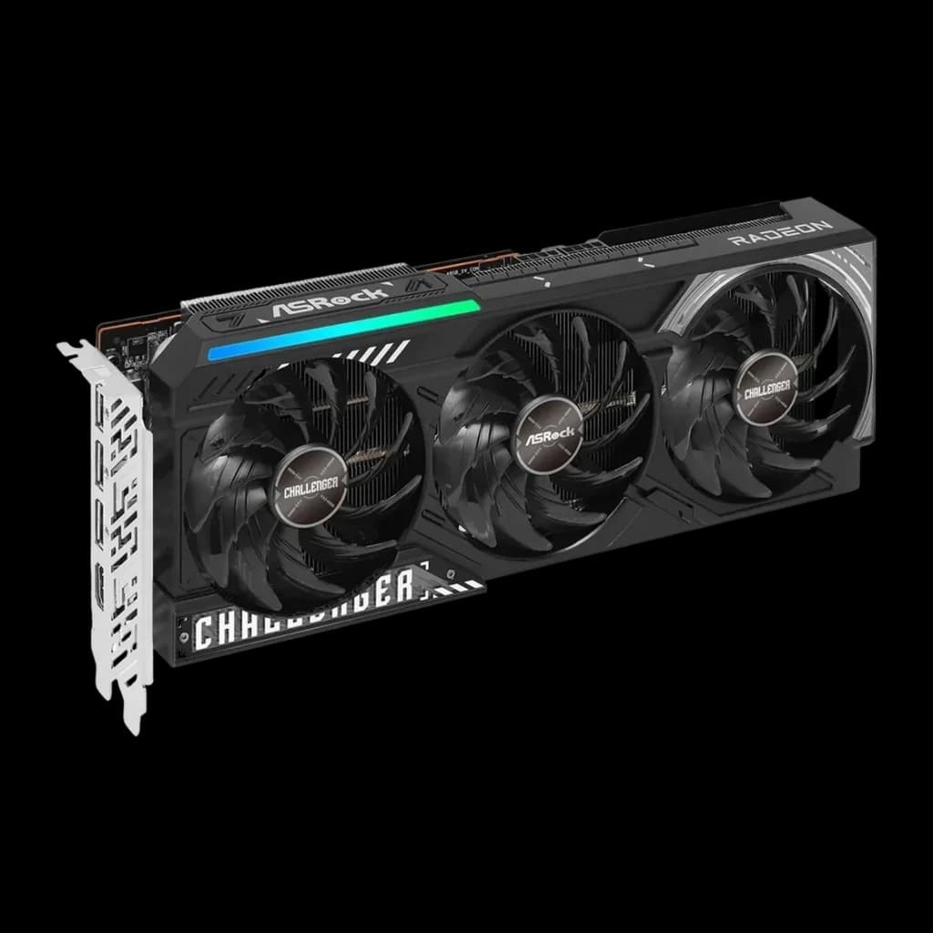 ASRock Radeon RX 9070 Challenger 16 Go GDDR6, vue de face: triple ventilateur, bandeau RGB et inscription Challenger