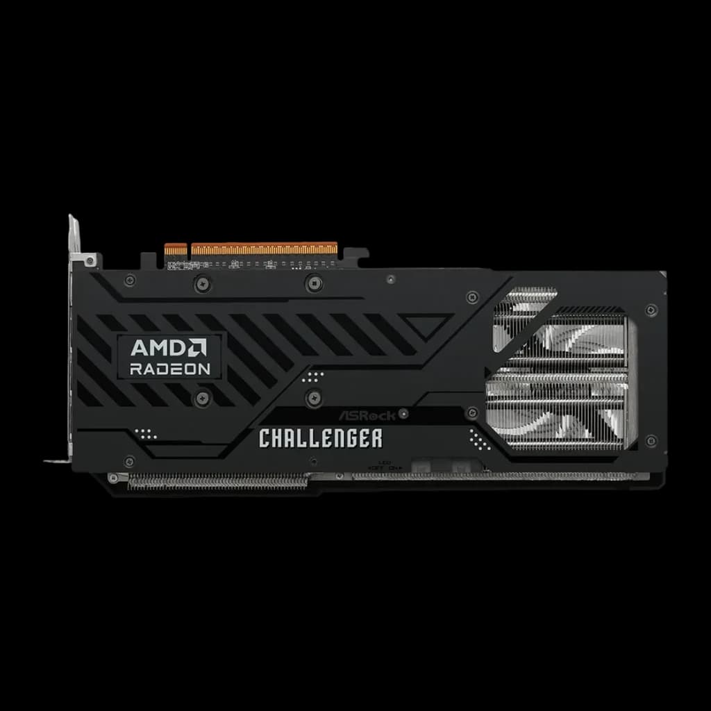 ASRock Radeon RX 9070 Challenger 16 Go GDDR6, vue arrière: backplate noir avec logo AMD Radeon, texte Challenger