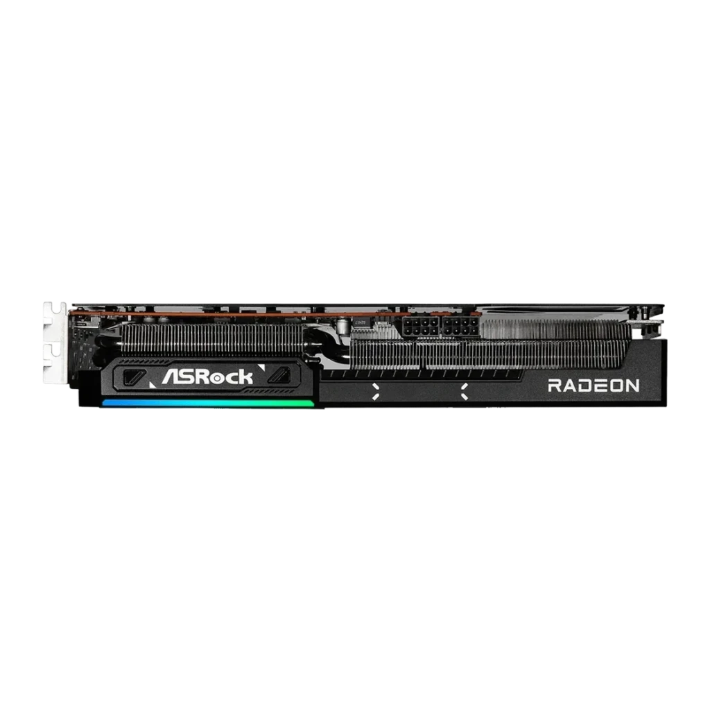 ASRock Radeon RX 9070 Challenger 16 Go GDDR6, détail latéral: connecteurs d'alimentation, dissipateur avec caloducs