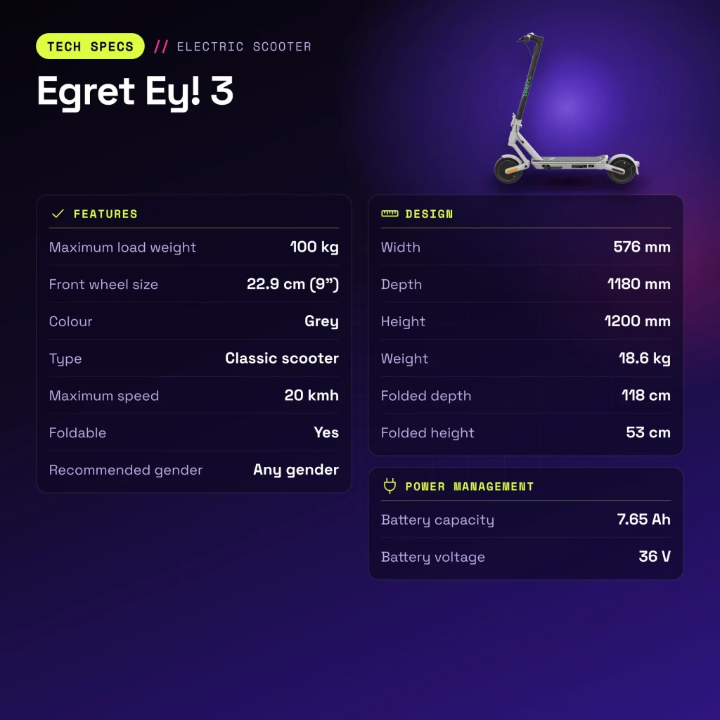 Patinete eléctrico Egret Ey! 3 20km/h 9 pulgadas Gris - características