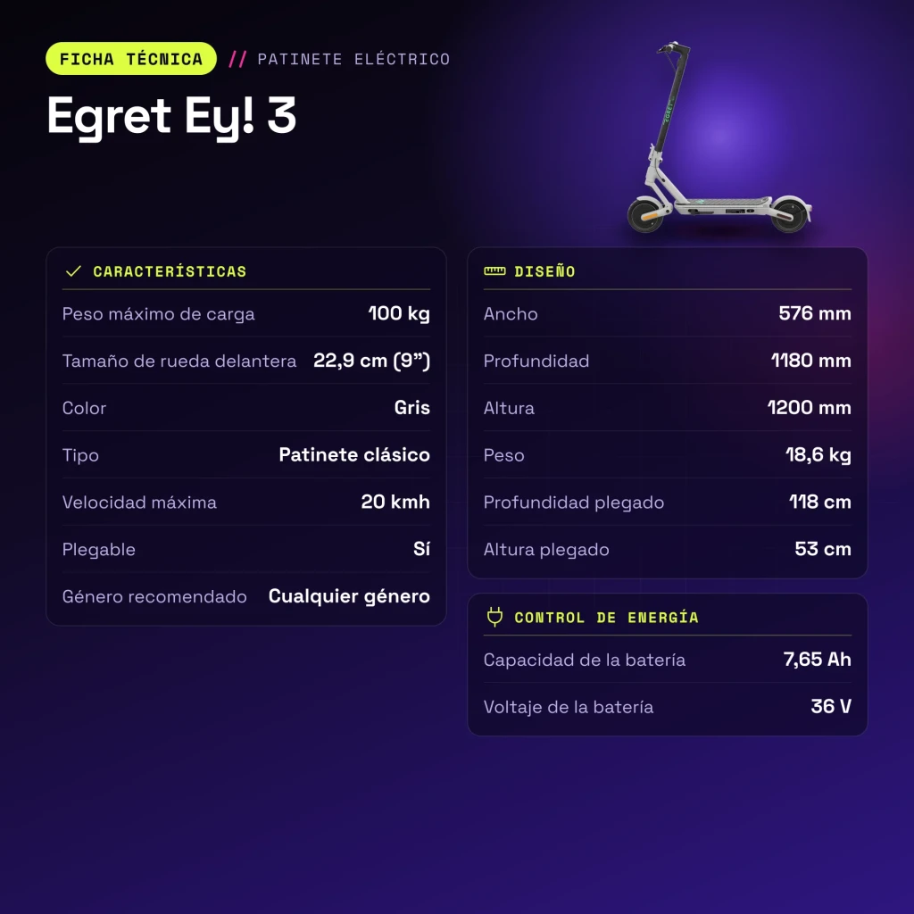 Patinete eléctrico Egret Ey! 3 20km/h 9 pulgadas Gris - características
