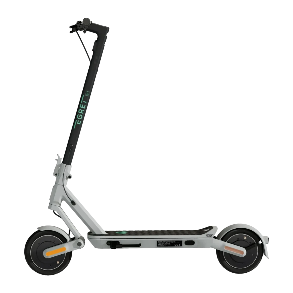 Patinete eléctrico Egret Ey! 3 20km/h 9 pulgadas Gris, detalle lateral: logo verde en manillar negro, deck gris y ruedas