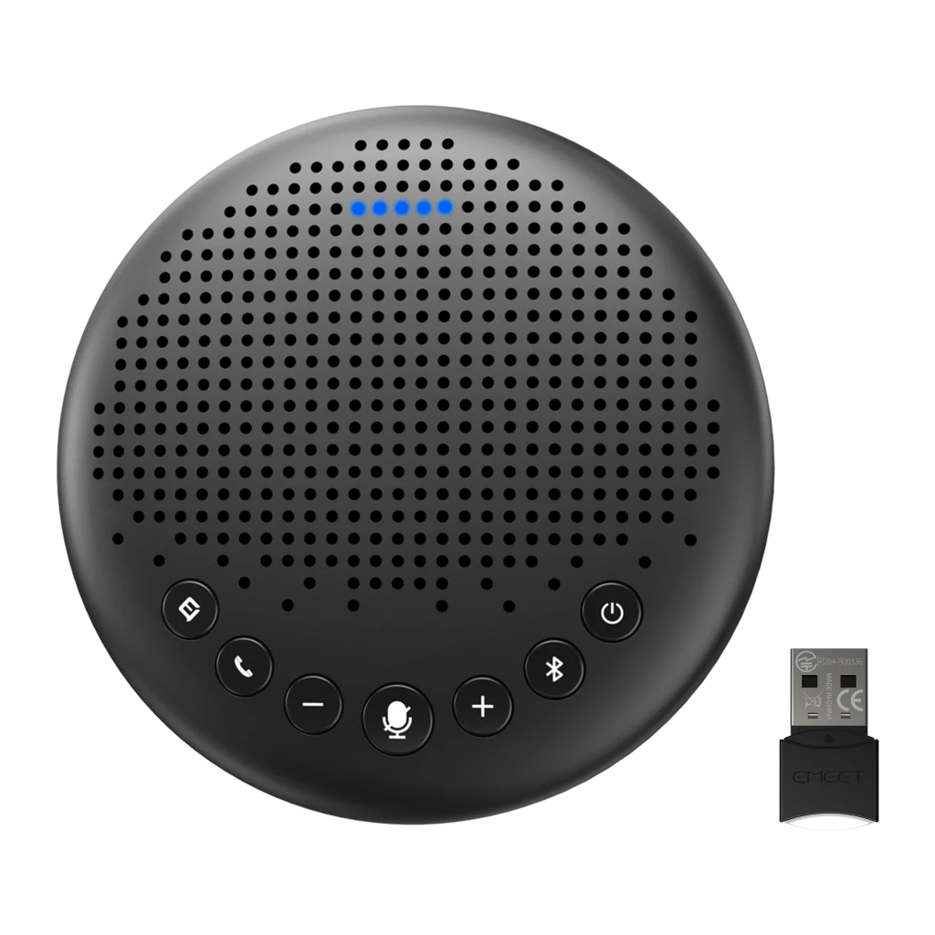 Enceinte de Conférence EMEET Luna 3W 10h USB-C, Bluetooth, Jack 3.5mm Noir, vue avant: grille circulaire, LEDs bleues