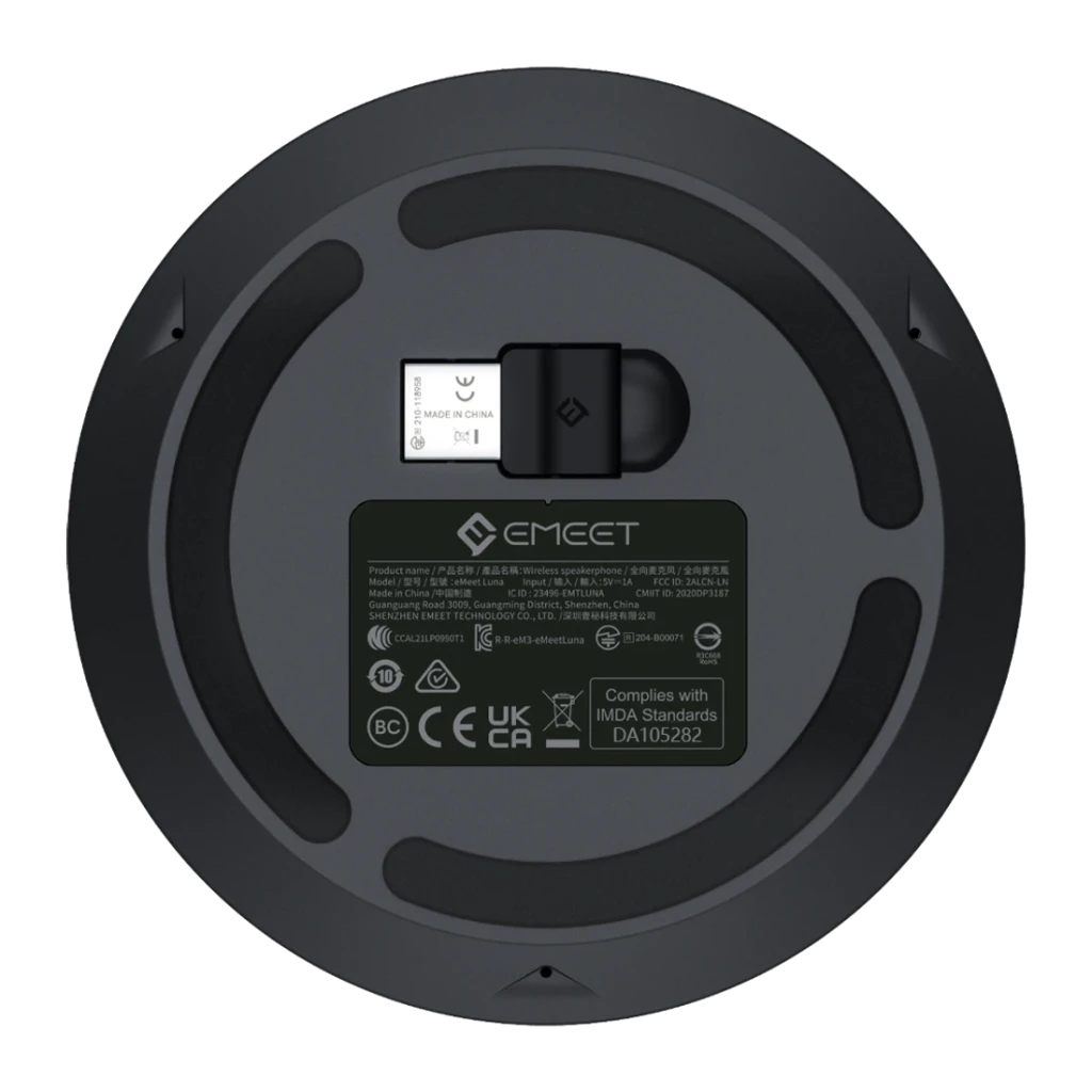 Enceinte de Conférence EMEET Luna 3W 10h USB-C, Bluetooth, Jack 3.5mm Noir, vue arrière: base circulaire avec étiquette