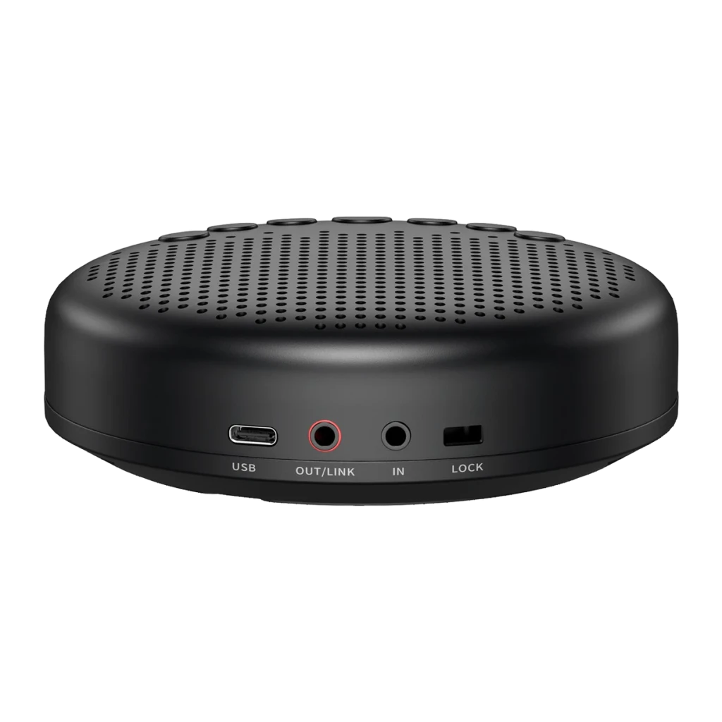 Enceinte de Conférence EMEET Luna 3W 10h USB-C, Bluetooth, Jack 3.5mm Noir, détail latéral: ports USB-C, OUT/LINK, IN
