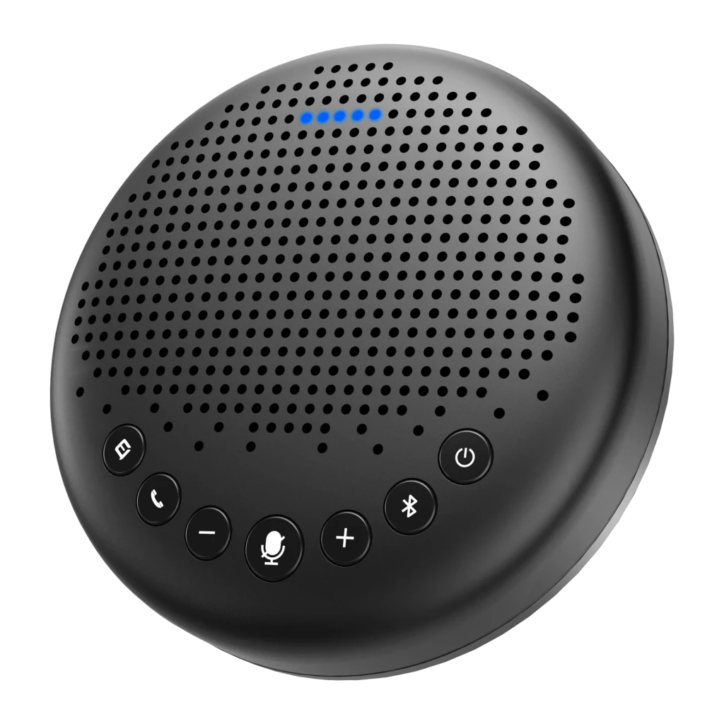 Enceinte de Conférence EMEET Luna 3W 10h USB-C, Bluetooth, Jack 3.5mm Noir, détail: vue dessus avec grille, LEDs bleues