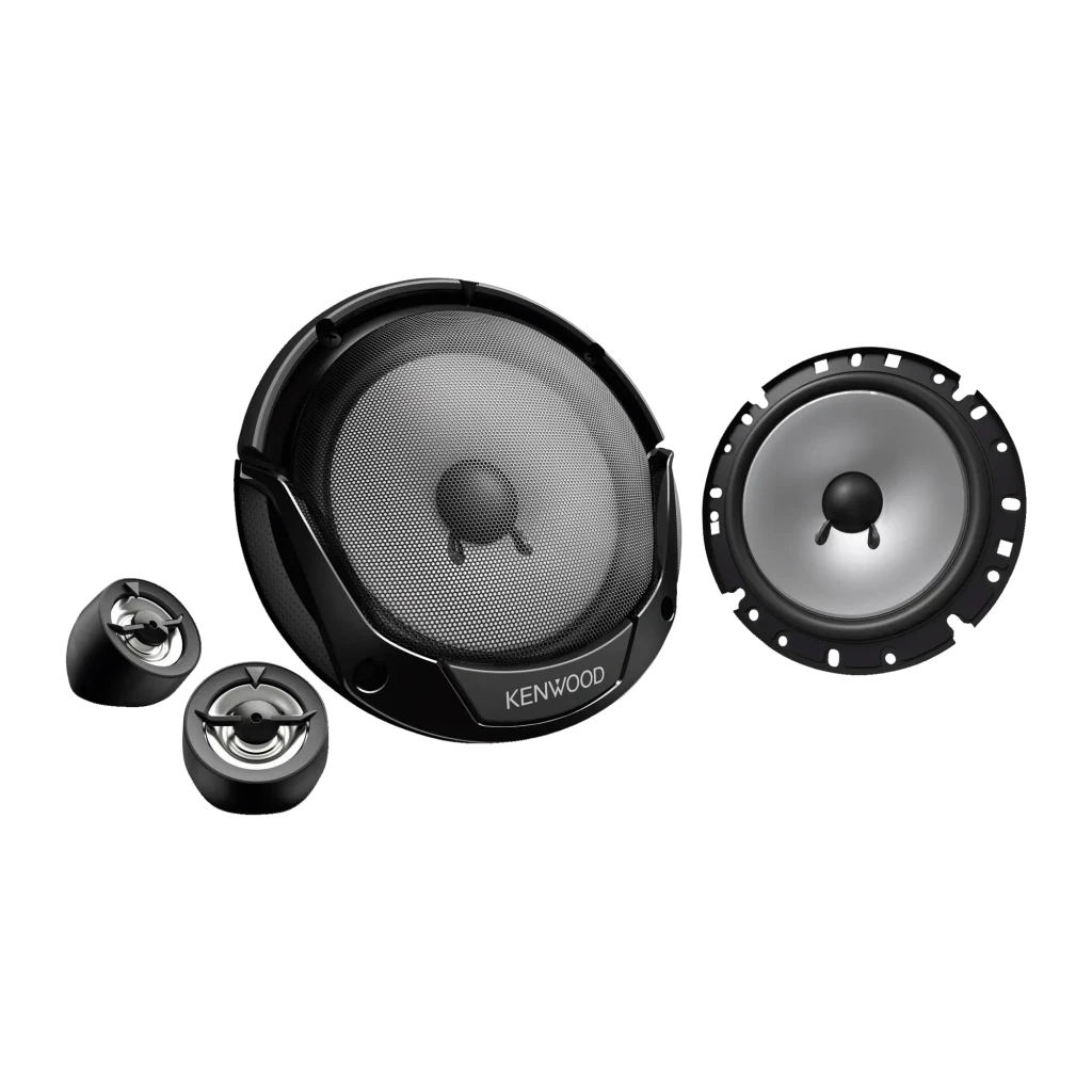 Altavoces de coche Kenwood 2 vías 30W RMS Negro KFC-E170P, vista frontal: woofer con rejilla, altavoz sin rejilla y dos