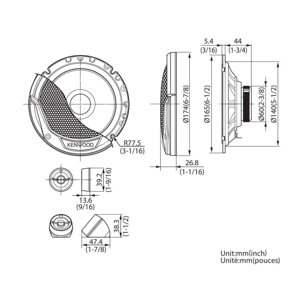 Altavoces de coche Kenwood 2 vías 30W RMS Negro KFC-E170P, diagrama técnico: dimensiones frontales y laterales en mm