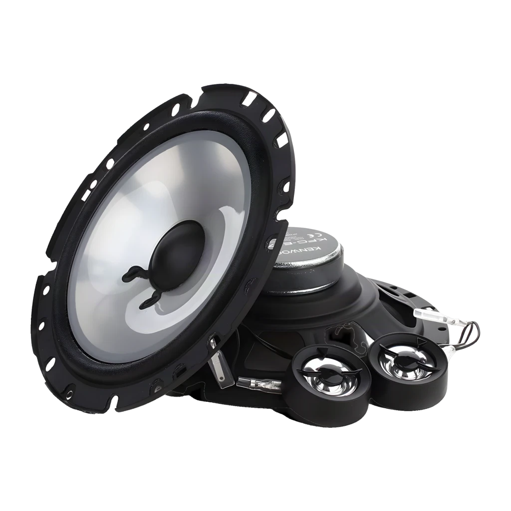 Altavoces de coche Kenwood 2 vías 30W RMS Negro KFC-E170P, detalle: woofer con cono plateado, tweeter cromado y motor