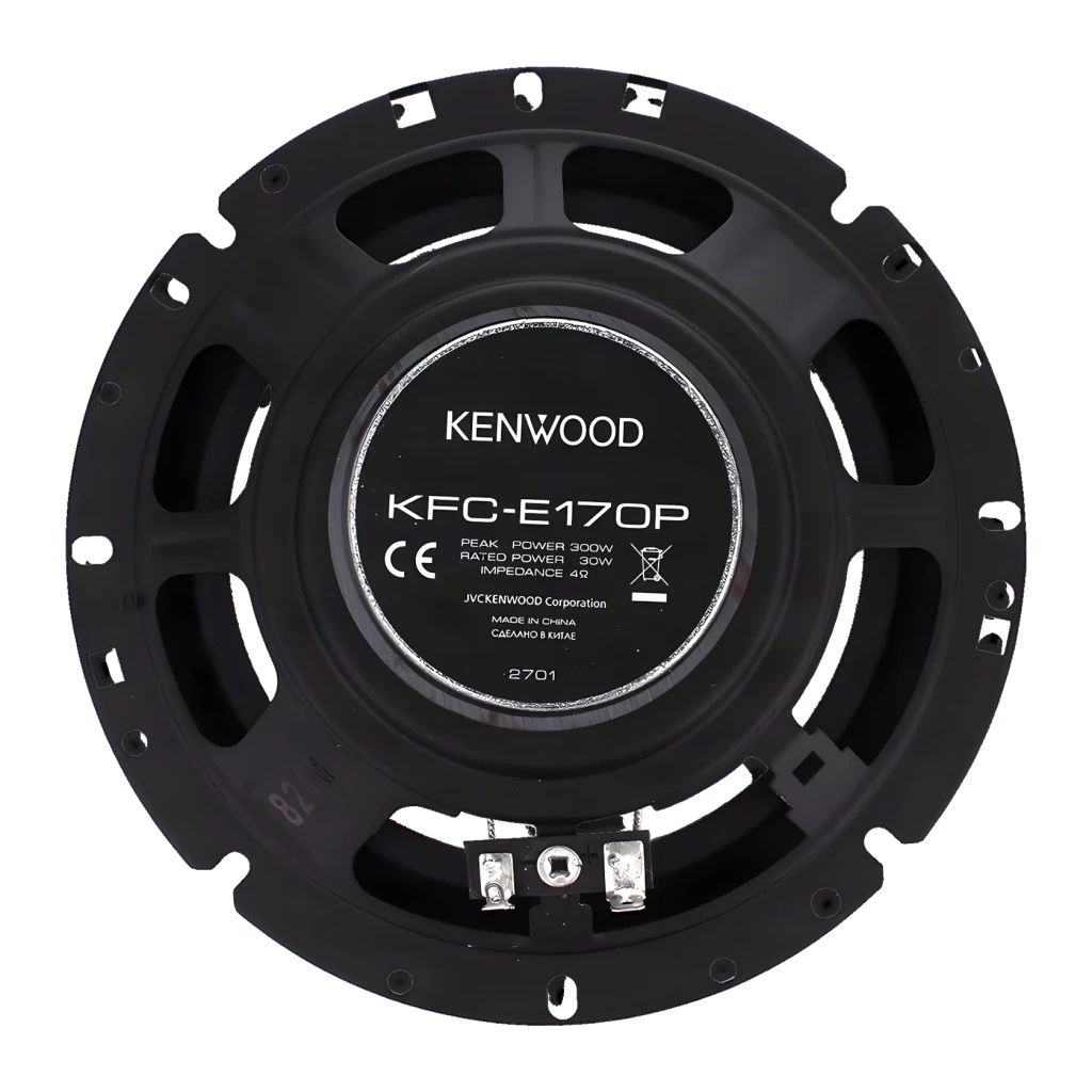 Altavoces de coche Kenwood 2 vías 30W RMS Negro KFC-E170P, vista trasera: imán central con etiqueta y terminales de conexión