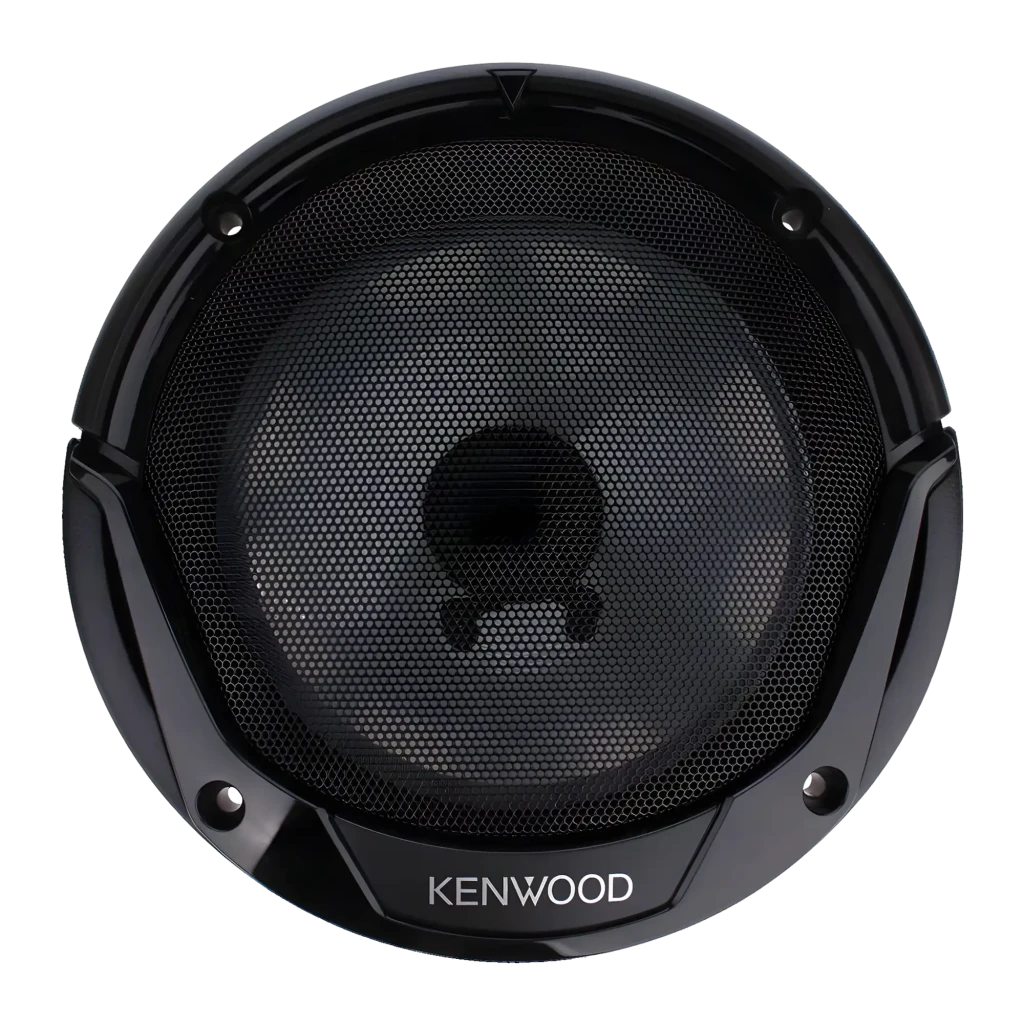 Altavoces de coche Kenwood 2 vías 30W RMS Negro KFC-E170P, detalle frontal: rejilla hexagonal, cono y logo Kenwood