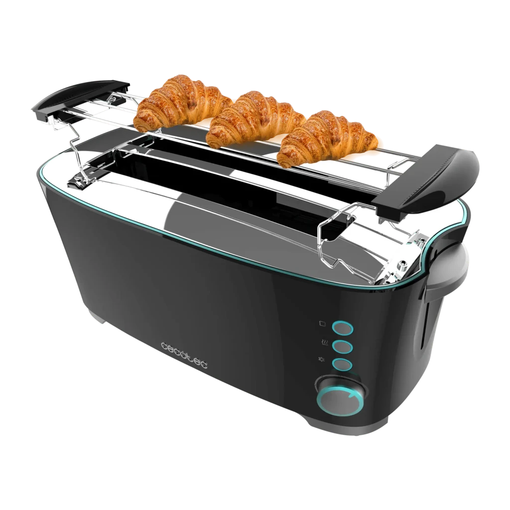 Tostadora Cecotec Toast&Taste Extra Double 1350W 4 Rebanadas Negro 02180, detalle: rejilla superior con croissants y botones
