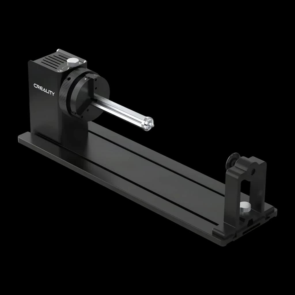 Creality Rotary Kit Pro Noir 193x155mm, vue de face: axe central avec mandrin, contre-pointe réglable et base en aluminium