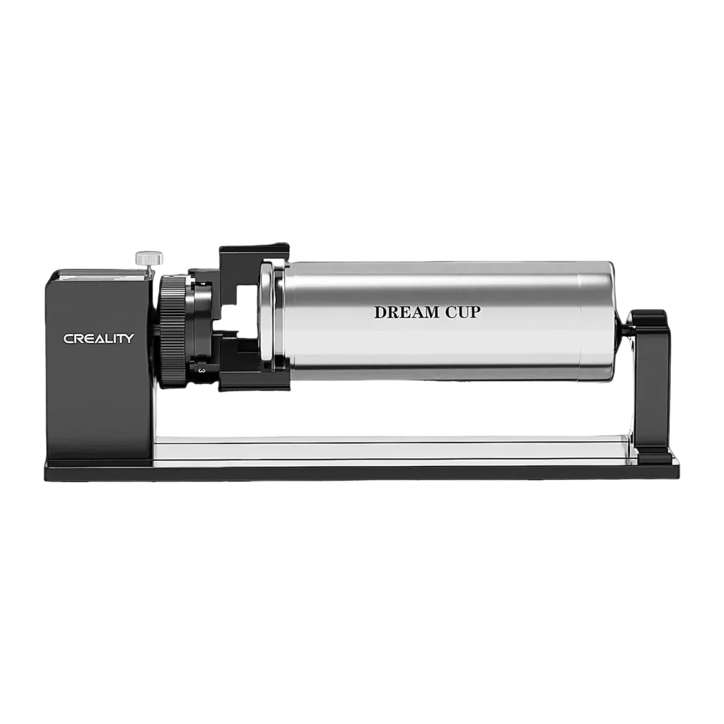 Creality Rotary Kit Pro Noir 193x155mm, détail: vue latérale avec tasse métallique gravée montée sur les rouleaux