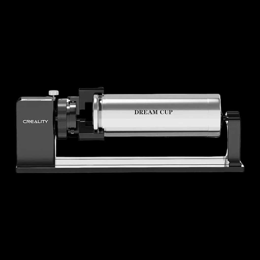Creality Rotary Kit Pro Noir 193x155mm, détail: vue latérale avec tasse métallique gravée montée sur les rouleaux