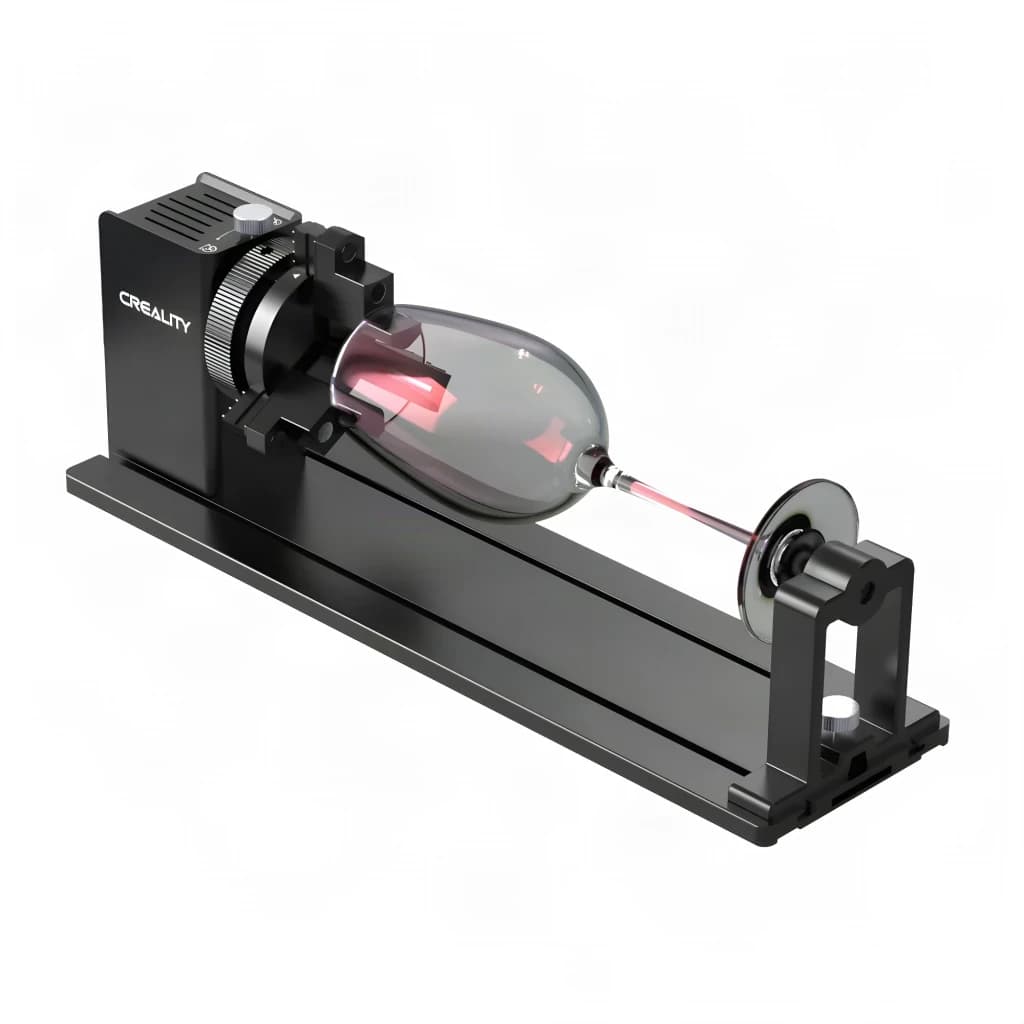 Creality Rotary Kit Pro Noir 193x155mm, en utilisation: verre à vin transparent maintenu entre le moteur et le rouleau