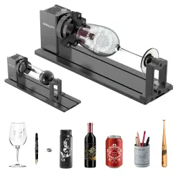 Creality Rotary Kit Pro Noir 193x155mm, vue générale: modules chuck et rouleaux avec verre gravé et objets compatibles