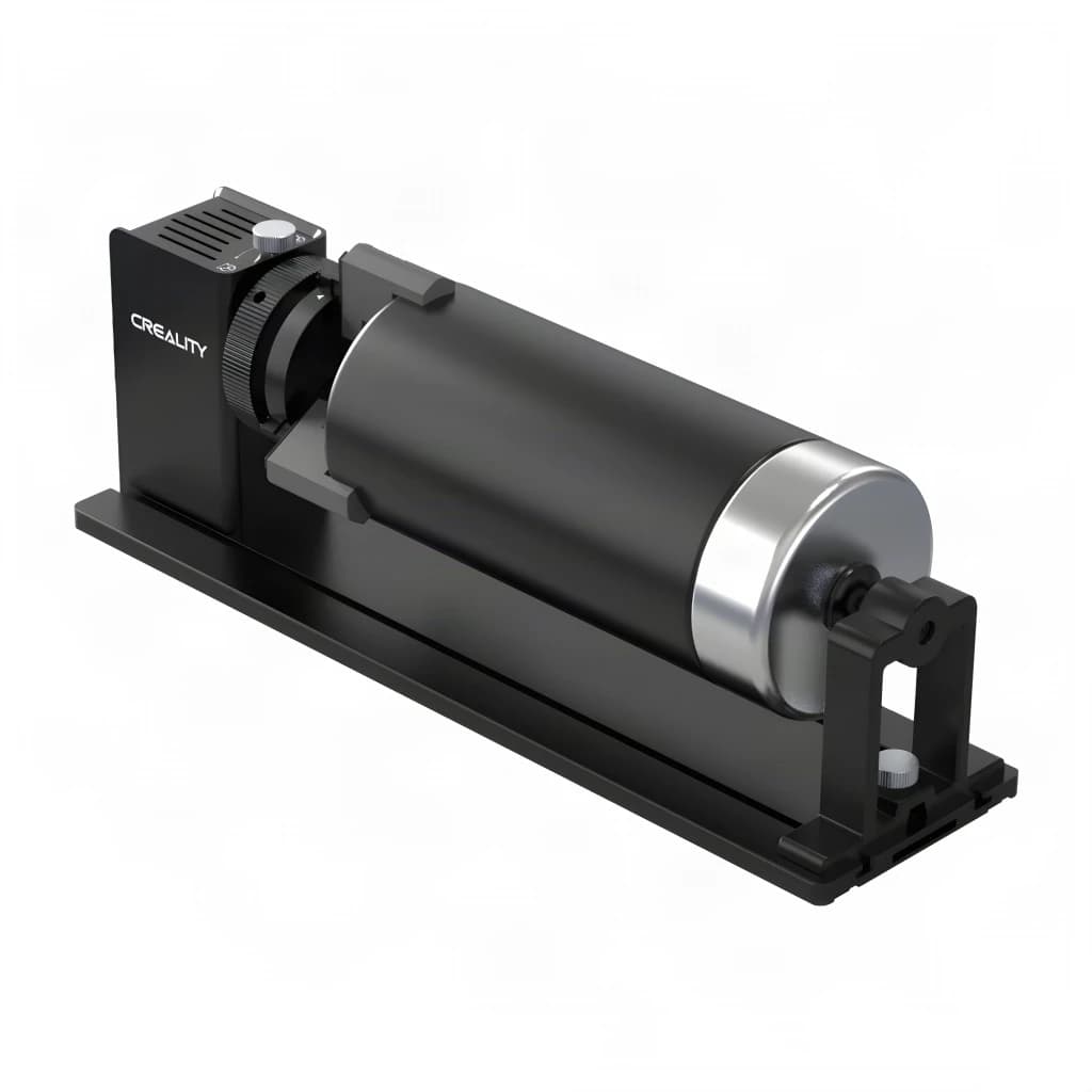 Creality Rotary Kit Pro Noir 193x155mm, en utilisation: vue isométrique avec rouleau cylindrique, moteur latéral et base