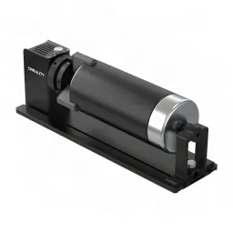 Creality Rotary Kit Pro Noir 193x155mm, en utilisation: vue isométrique avec rouleau cylindrique, moteur latéral et base