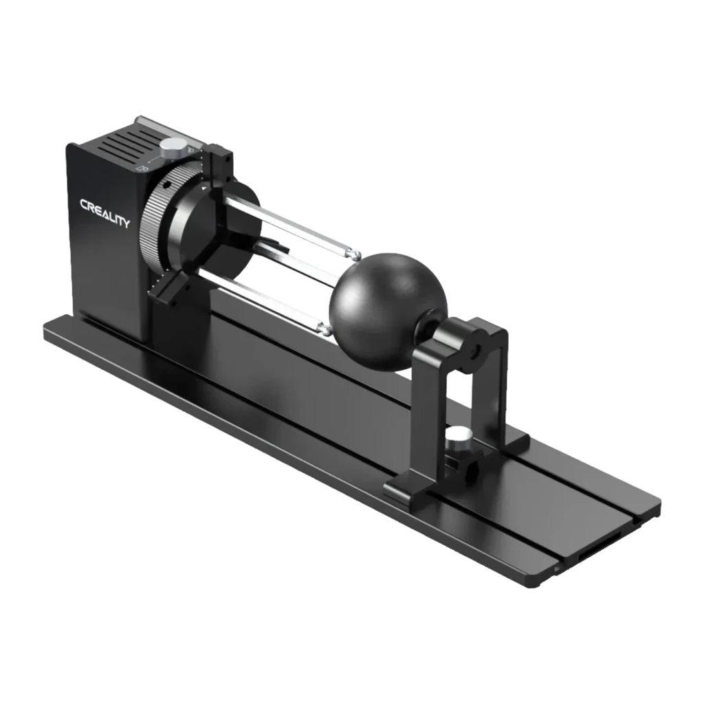 Creality Rotary Kit Pro Noir 193x155mm, détail: vue en perspective avec sphère d'exemple, moteur, axes et base en aluminium