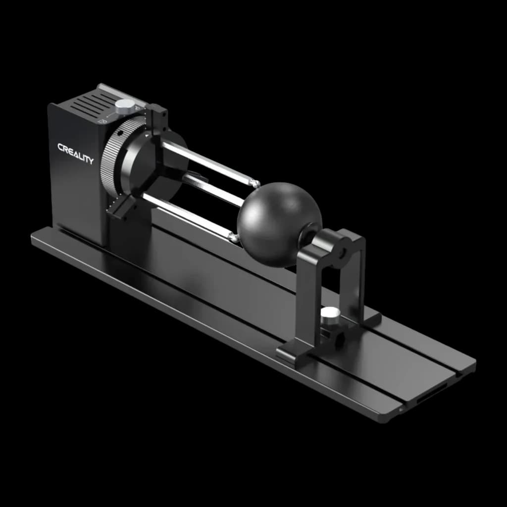 Creality Rotary Kit Pro Noir 193x155mm, détail: vue en perspective avec sphère d'exemple, moteur, axes et base en aluminium