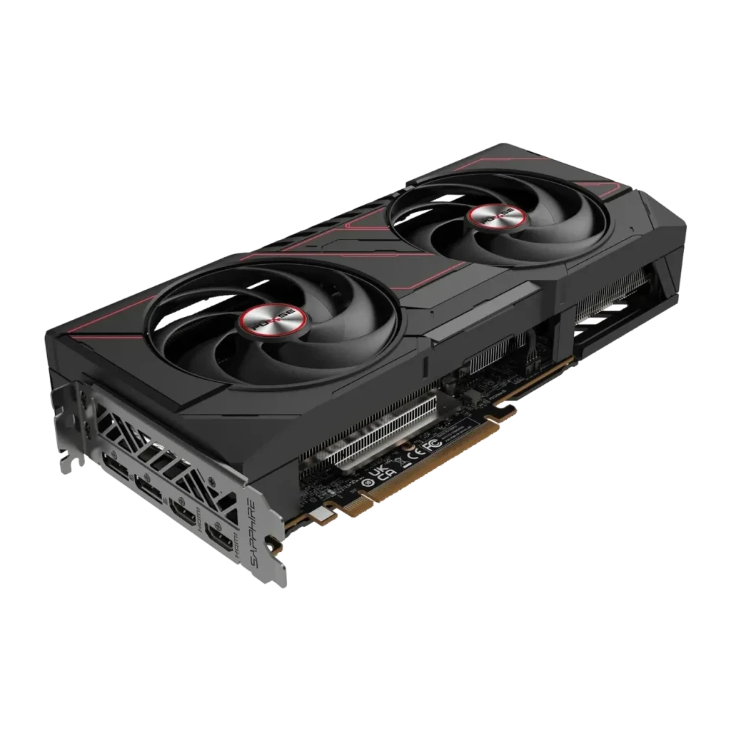Sapphire Pulse Radeon RX 9070 GRE OC 12GB GDDR6 Negro, vista frontal: dos ventiladores con detalles rojos, bracket
