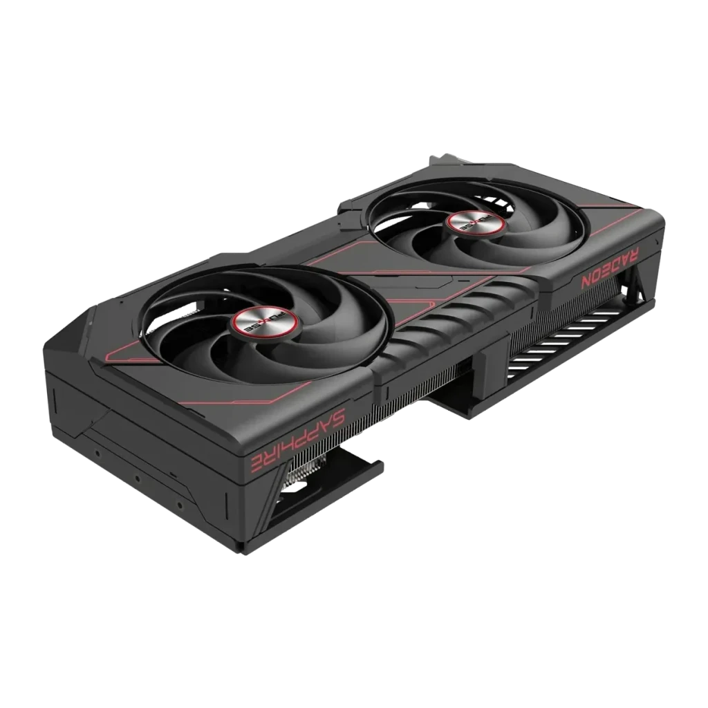 Sapphire Pulse Radeon RX 9070 GRE OC 12GB GDDR6 Negro, detalle: vista en perspectiva con dos ventiladores y detalles rojos