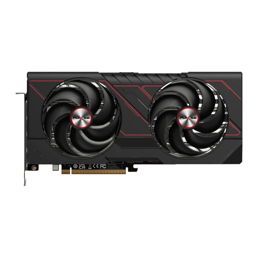 Sapphire Pulse Radeon RX 9070 GRE OC 12GB GDDR6 Negro, detalle frontal: dos ventiladores con logo Pulse rojo y shroud negro