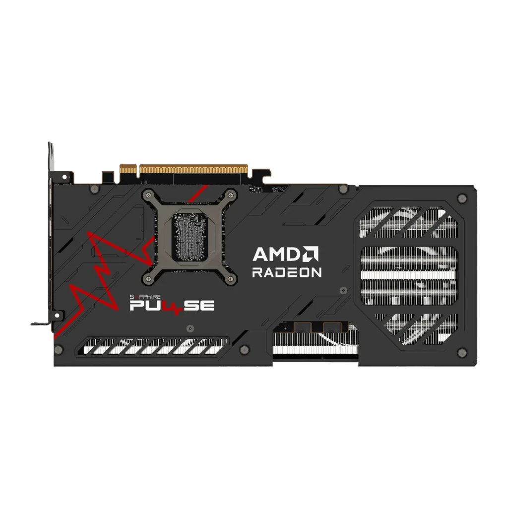 Sapphire Pulse Radeon RX 9070 GRE OC 12GB GDDR6 Negro, vista trasera: backplate negro con logo AMD Radeon, diseño Pulse