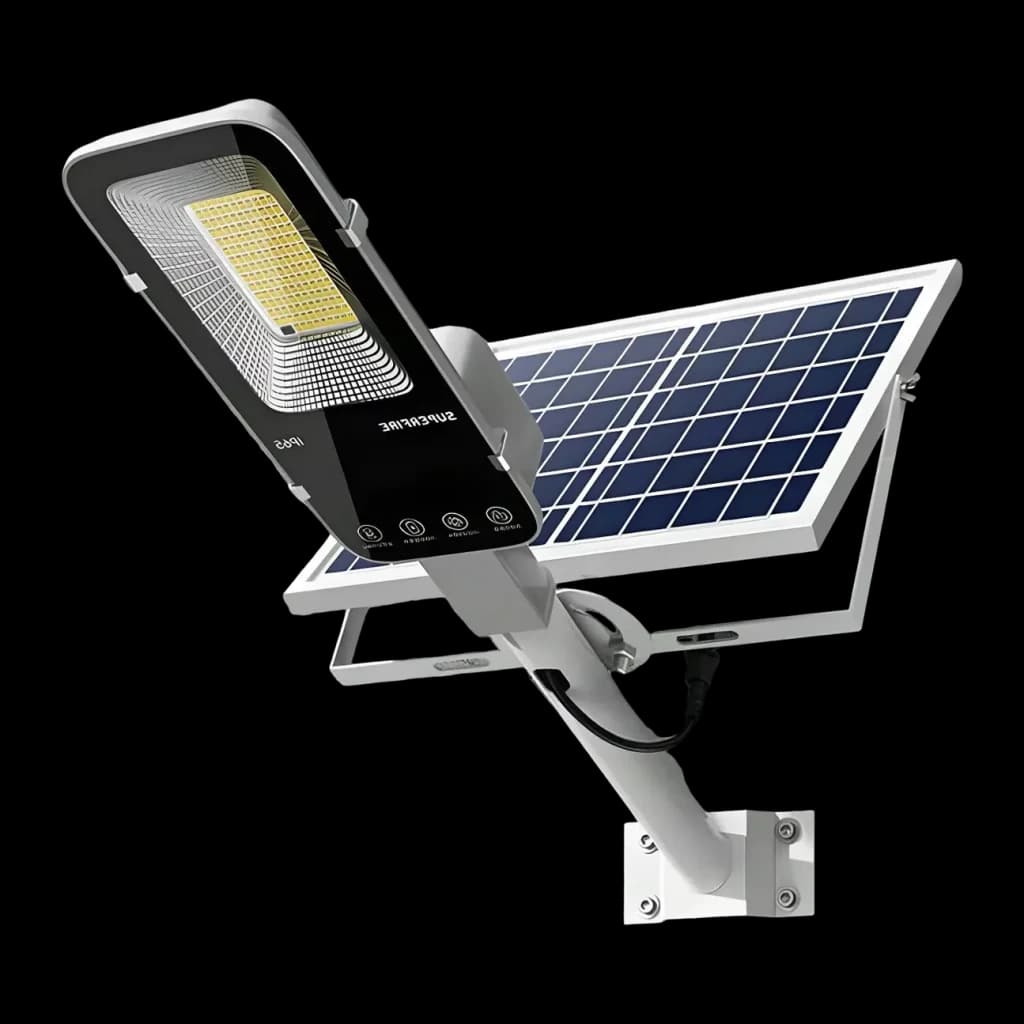 Lampe Solaire Superfire Batterie rechargeable 5000mAh 500lm FF5-A, vue de face: tête LED, panneau solaire et support