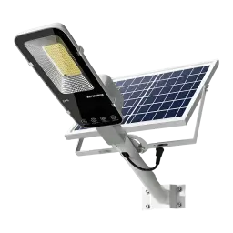 Lampe Solaire Superfire Batterie rechargeable 5000mAh 500lm FF5-A, vue de face: tête LED, panneau solaire et support