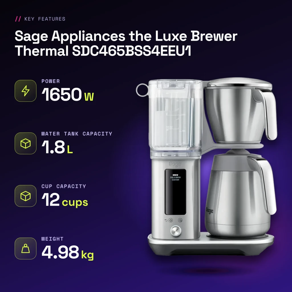 Cafetera de Goteo Sage Appliances the Luxe Brewer Thermal 1,8L 1650W Acero Inoxidable SDC465BSS4EEU1 - características