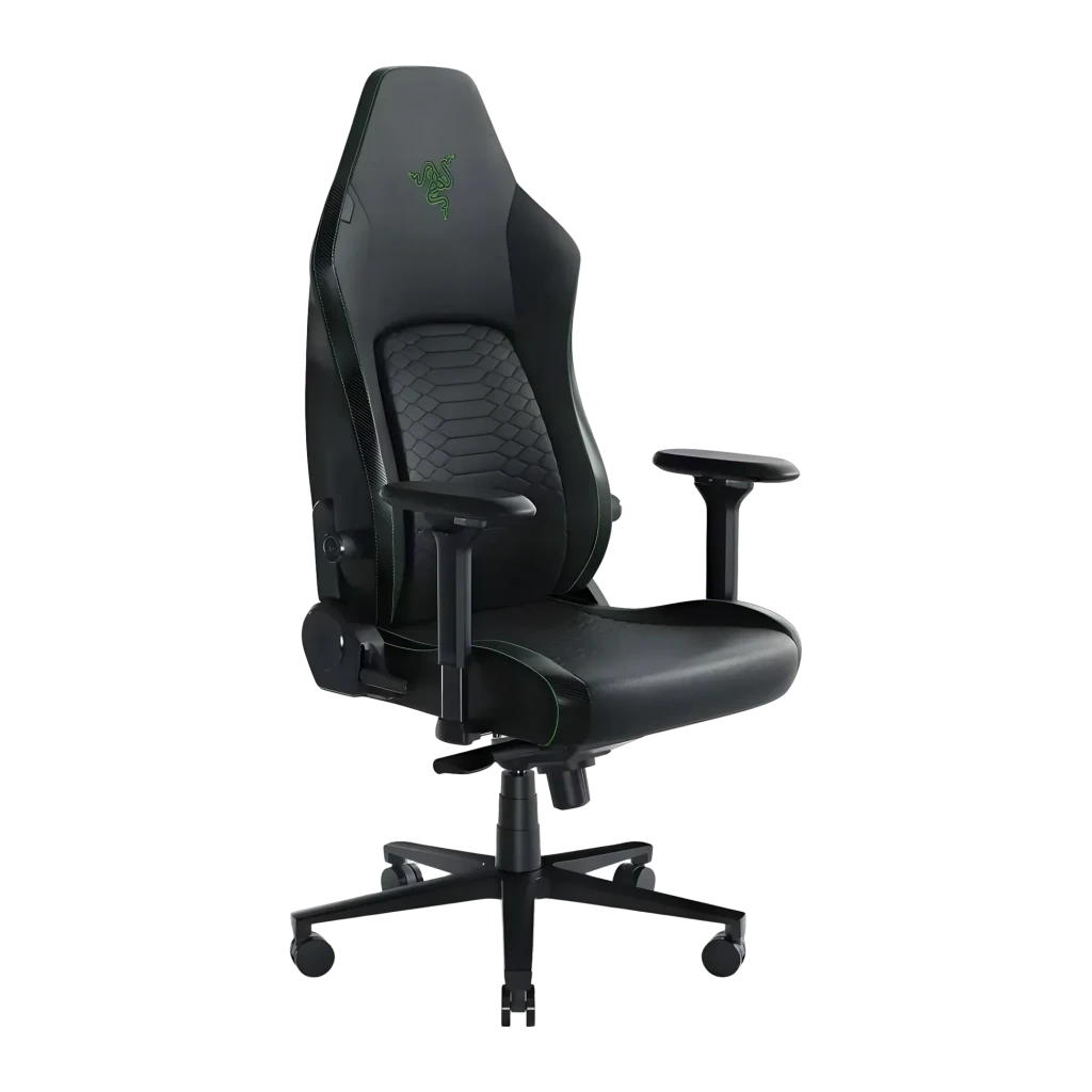 Siège Gaming Razer Iskur V2 Noir/Vert Simili Cuir 4D 136 kg, vue de face: logo vert sur dossier, accoudoirs 4D et base à