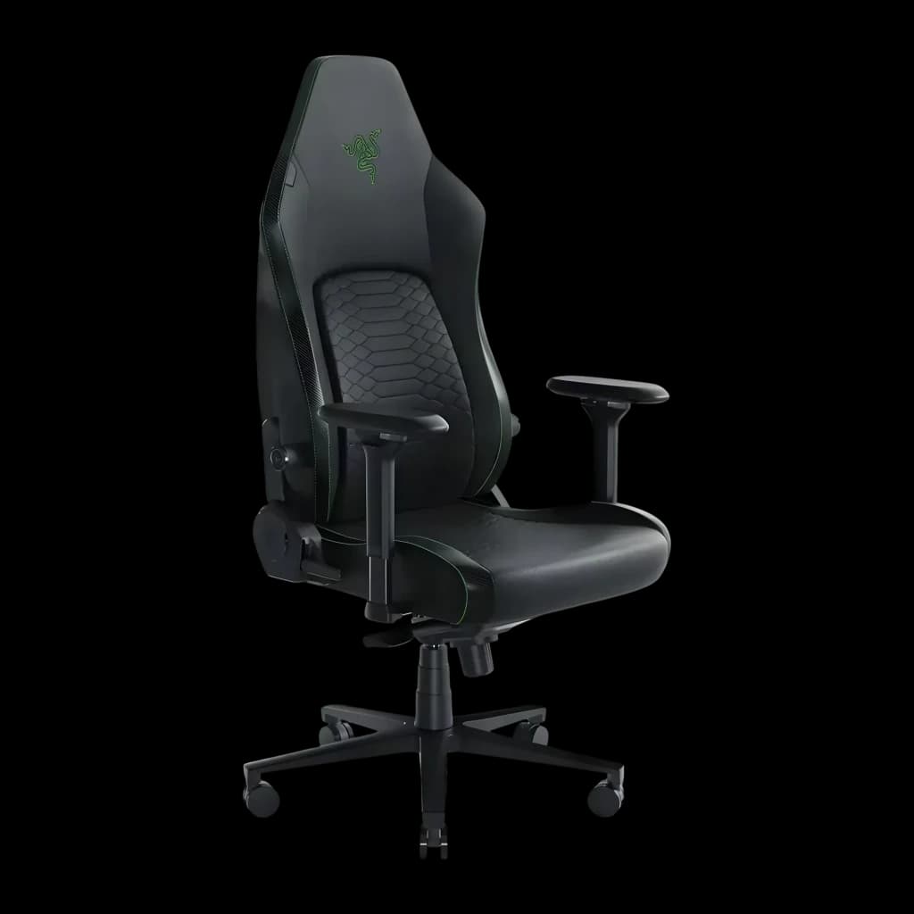 Siège Gaming Razer Iskur V2 Noir/Vert Simili Cuir 4D 136 kg, vue de face: logo vert sur dossier, accoudoirs 4D et base à