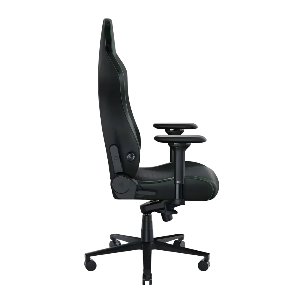 Siège Gaming Razer Iskur V2 Noir/Vert Simili Cuir 4D 136 kg, détail latéral: dossier ergonomique, accoudoir 4D et base