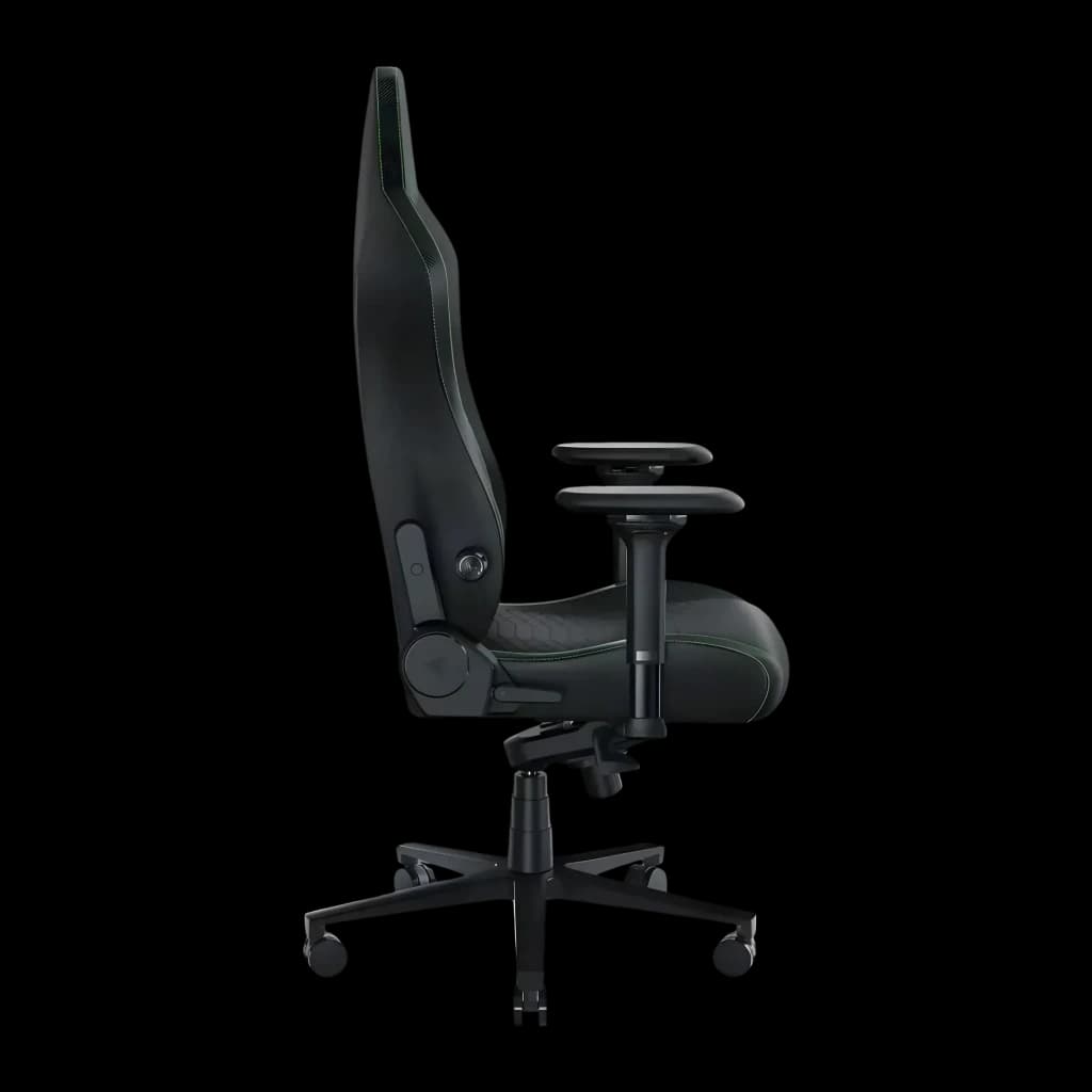Siège Gaming Razer Iskur V2 Noir/Vert Simili Cuir 4D 136 kg, détail latéral: dossier ergonomique, accoudoir 4D et base
