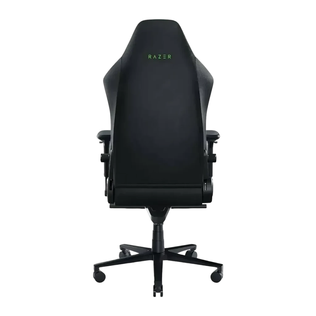 Siège Gaming Razer Iskur V2 Noir/Vert Simili Cuir 4D 136 kg, vue arrière: dossier noir avec logo Razer vert, accoudoirs 4D