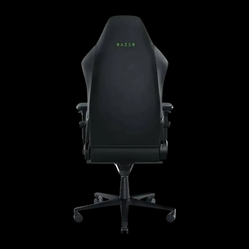 Siège Gaming Razer Iskur V2 Noir/Vert Simili Cuir 4D 136 kg, vue arrière: dossier noir avec logo Razer vert, accoudoirs 4D