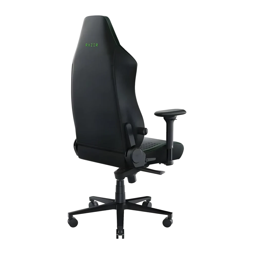 Siège Gaming Razer Iskur V2 Noir/Vert Simili Cuir 4D 136 kg, vue arrière: dossier noir avec logo Razer vert, accoudoirs 4D