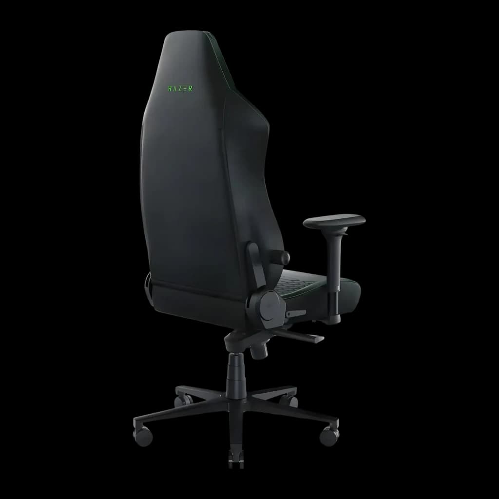Siège Gaming Razer Iskur V2 Noir/Vert Simili Cuir 4D 136 kg, vue arrière: dossier noir avec logo Razer vert, accoudoirs 4D