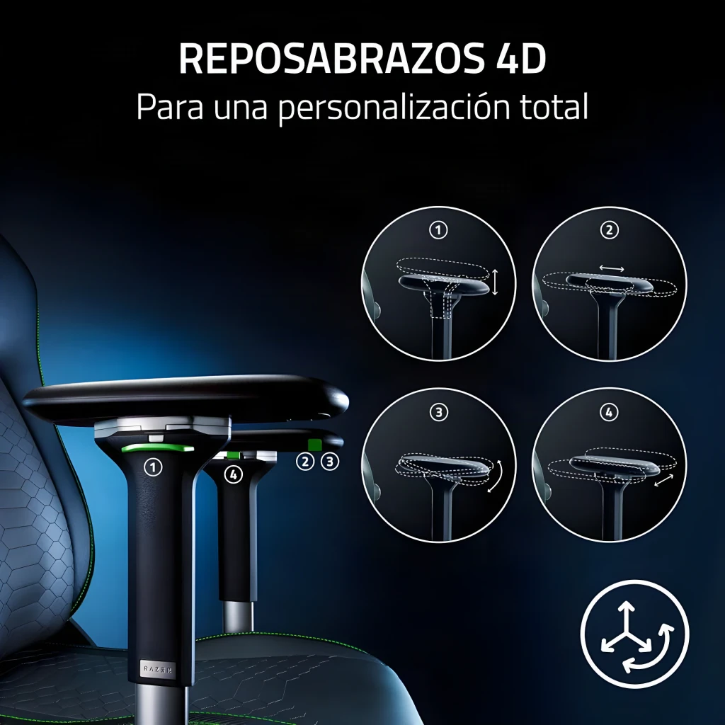 Siège Gaming Razer Iskur V2 Noir/Vert Simili Cuir 4D 136 kg, accoudoir détail: 4 réglages hauteur largeur profondeur