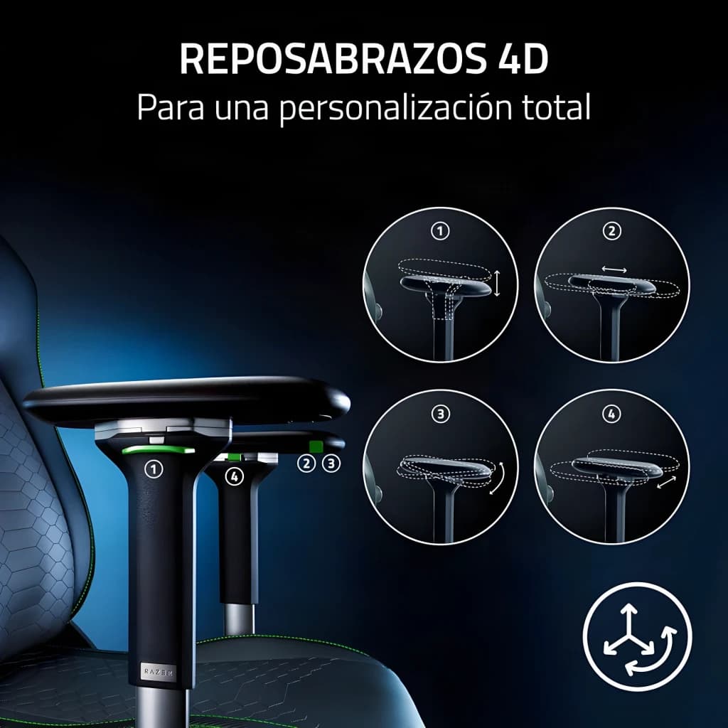 Siège Gaming Razer Iskur V2 Noir/Vert Simili Cuir 4D 136 kg, accoudoir détail: 4 réglages hauteur largeur profondeur