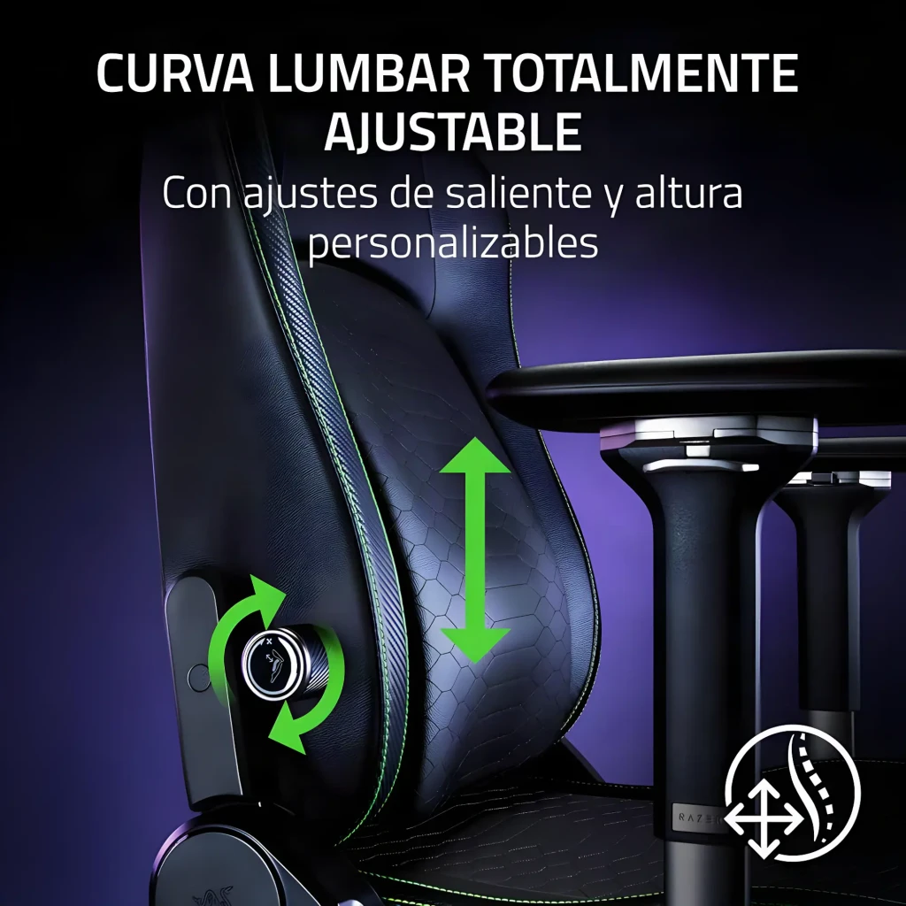 Siège Gaming Razer Iskur V2 Noir/Vert Simili Cuir 4D 136 kg, détail lombaire: soutien lombaire réglable en hauteur