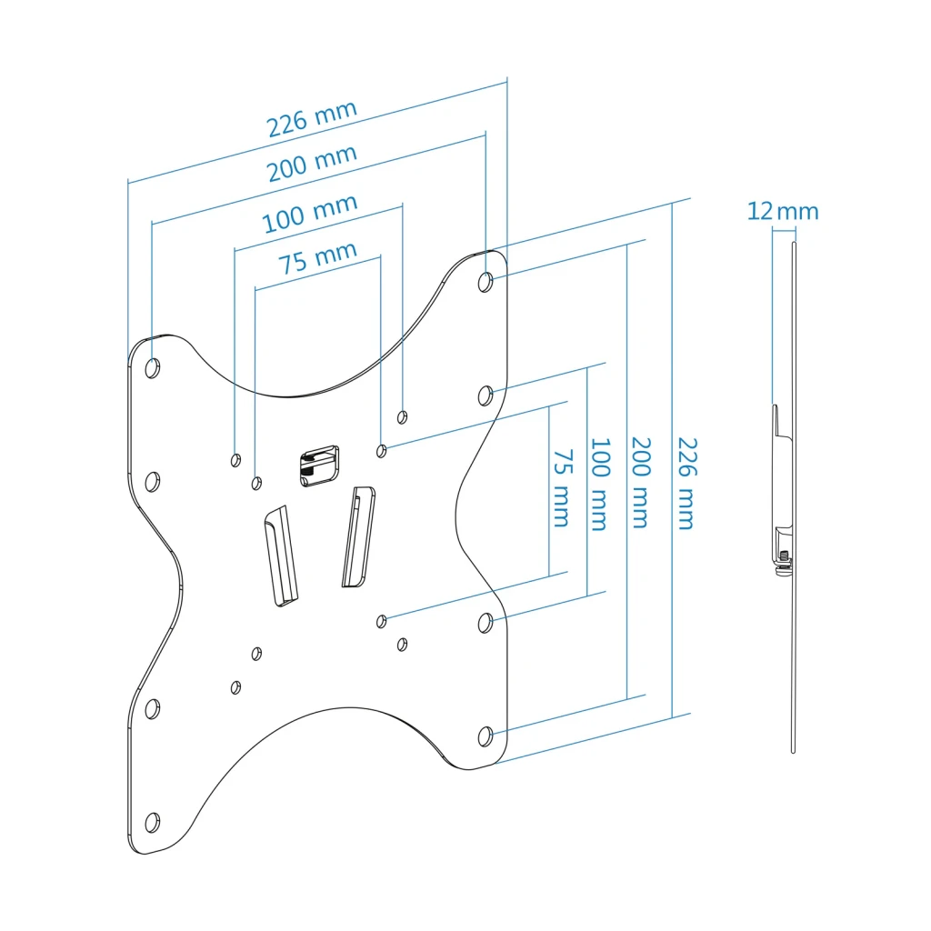 Support TV TooQ Noir Fixe 23-42 pouces 200x200mm LP1242F-B, schéma technique: cotes VESA 75x75 à 200x200mm et profil latéral