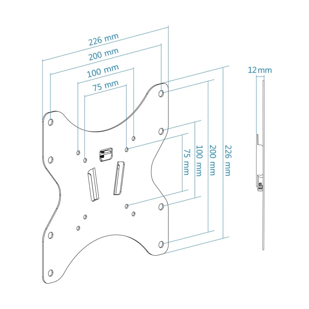 Support TV TooQ Noir Fixe 23-42 pouces 200x200mm LP1242F-B, schéma technique: cotes VESA 75x75 à 200x200mm et profil latéral