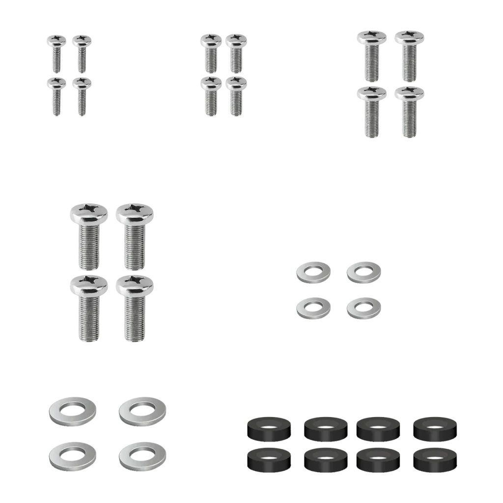 Support TV TooQ Noir Fixe 23-42 pouces 200x200mm LP1242F-B, détail: vis de différentes tailles, rondelles argentées