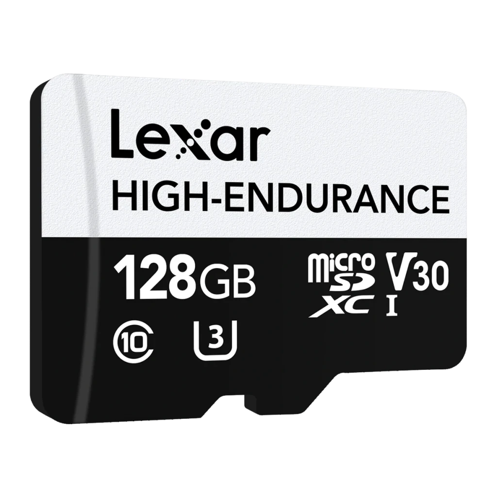 Cartão microSD Lexar High-Endurance microSDXC 128GB V30 U3 Classe 10 UHS-I, detalhe: face frontal em ângulo com logos 128GB