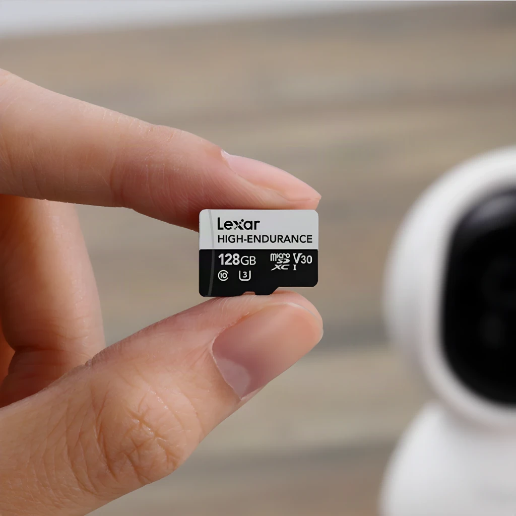 Cartão microSD Lexar High-Endurance microSDXC 128GB V30 U3 Classe 10 UHS-I, em uso: mão segura o cartão diante de uma câmera