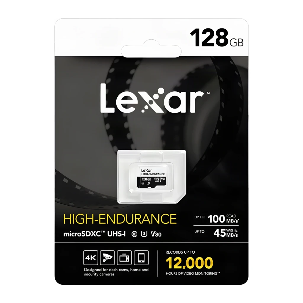 Cartão microSD Lexar High-Endurance microSDXC 128GB V30 U3 Classe 10 UHS-I, conteúdo da caixa: embalagem frontal com cartão